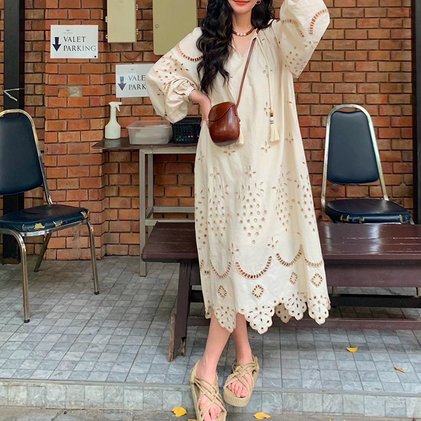 Linen Breeze Embroidered V-neck Maxi Dress