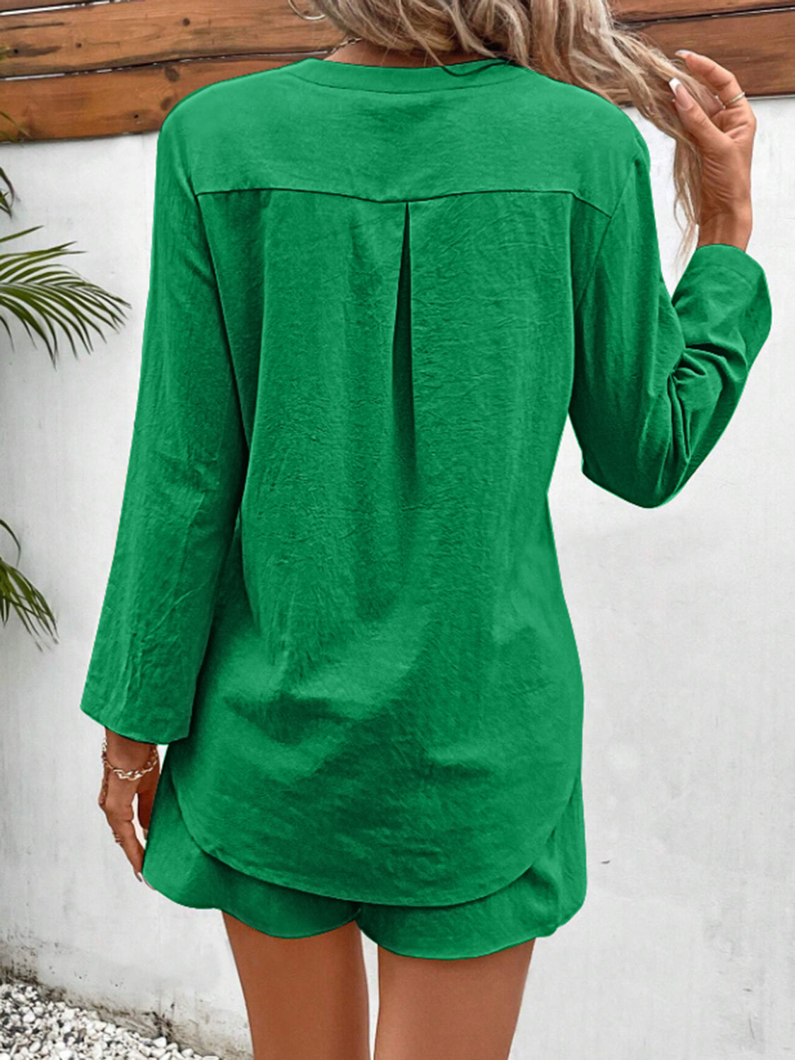 Buttoned Notched Long Sleeve Top and Shorts Set