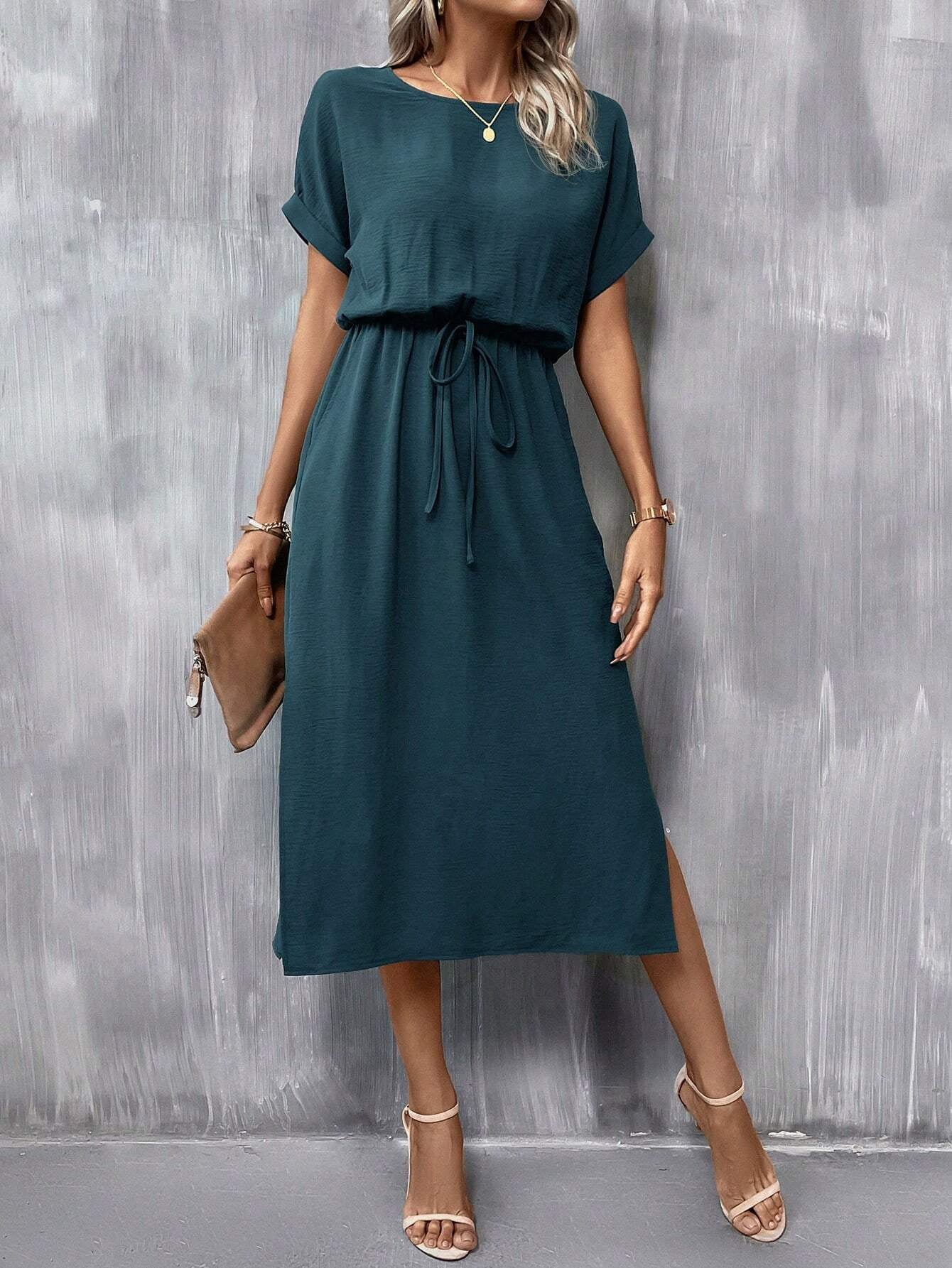 Casual High Waist Round Neck Batwing Sleeve Knot Front Split  Dress
