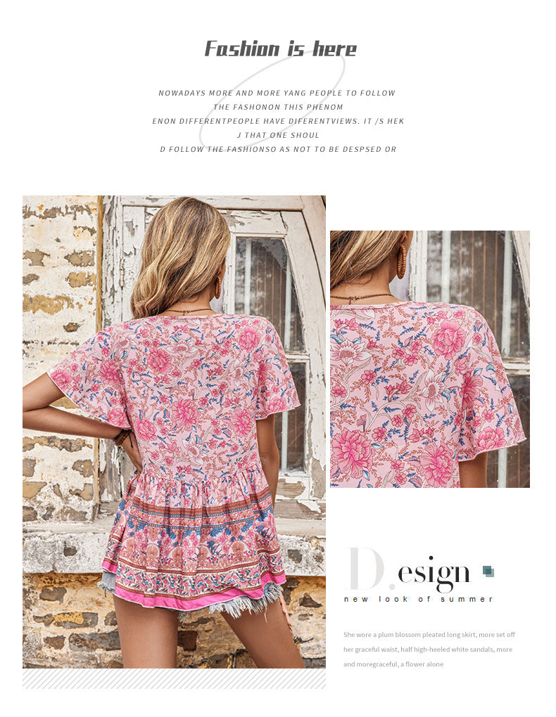 Summer Pink Floral Cotton Printed Short w/ Seeved