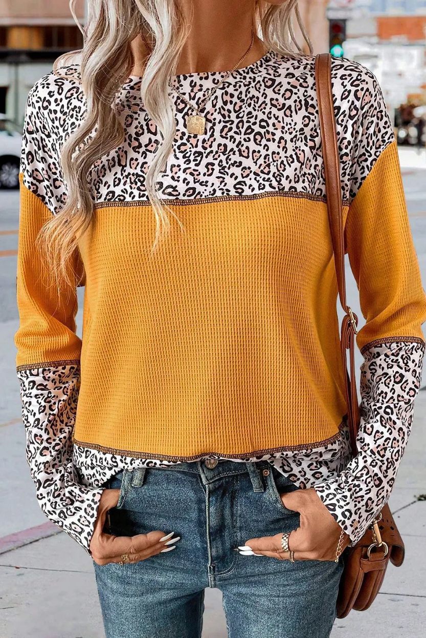 Leopard Print Round Neck Waffle Top Sweater with Long Sleeves