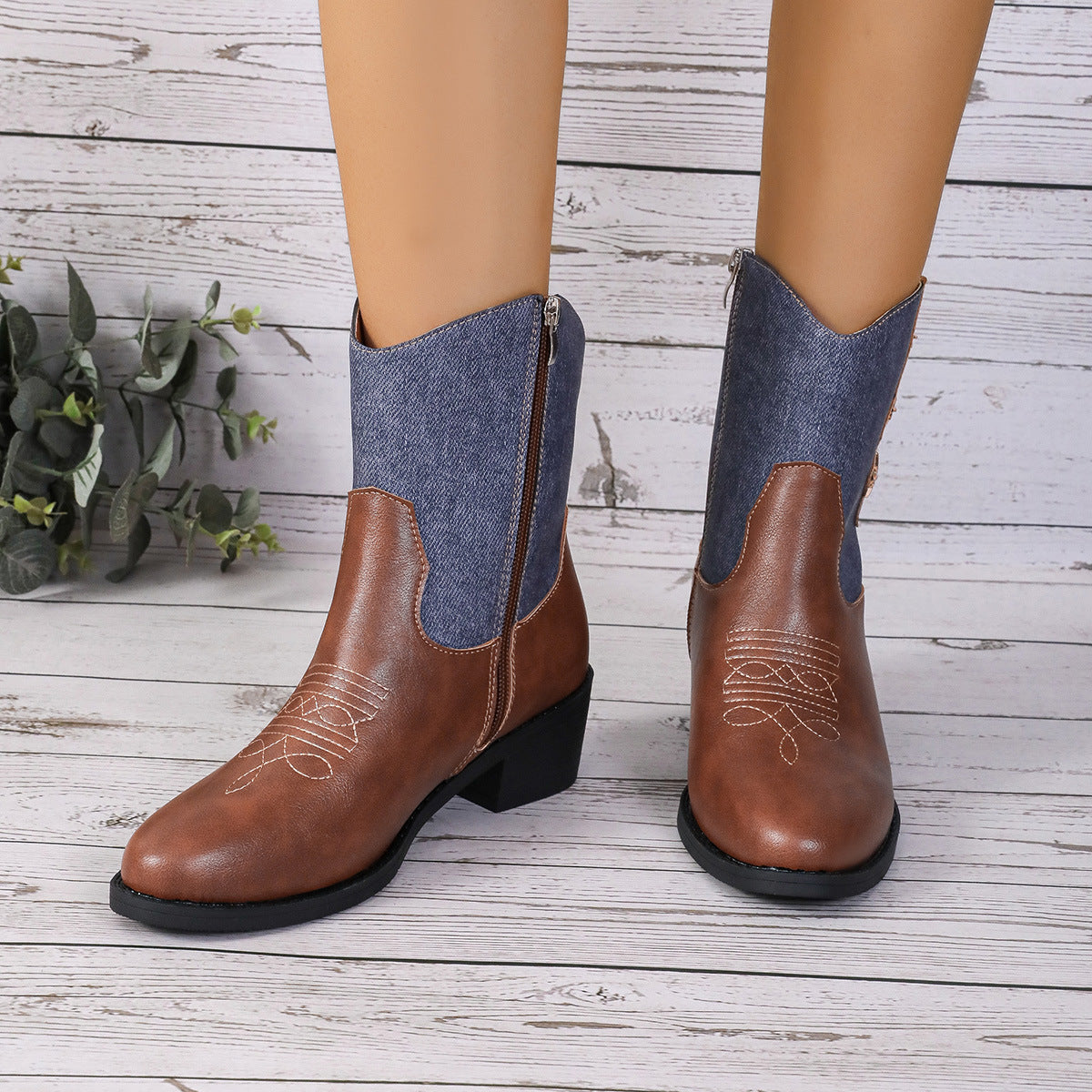 Retro Chelsea Denim Patchwork Western Cowboy Boots