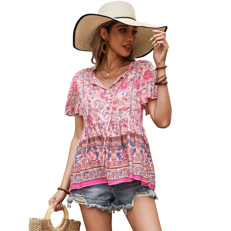 Summer Pink Floral Cotton Printed Short w/ Seeved