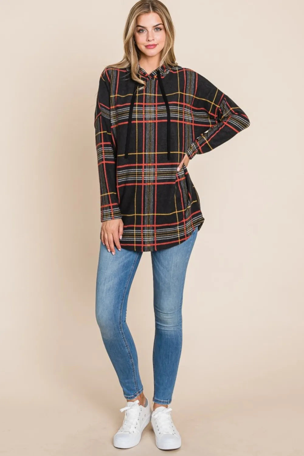 Classic Plaid Patter Drawstring  Long Sleeve Hoodie