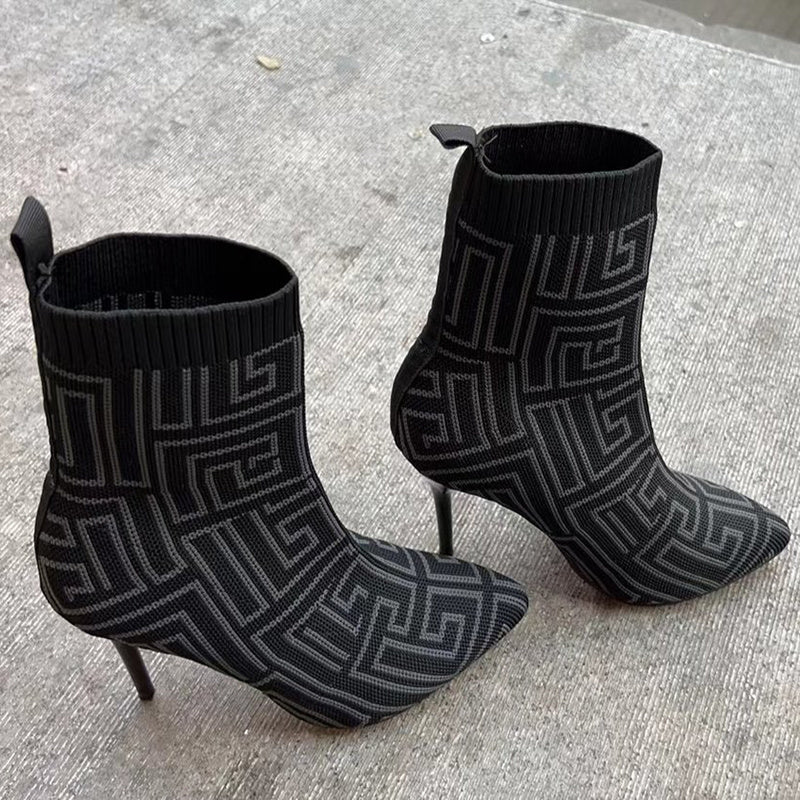 Printed Elastic High Heel Pointed Toe Ankle Boots