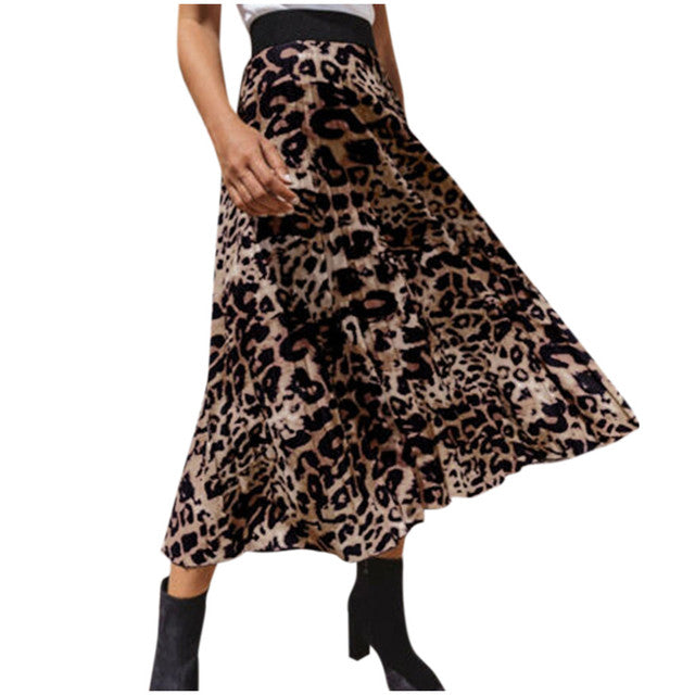Wild Spirit Leopard Print High-Waist Pleated Midi Skirt