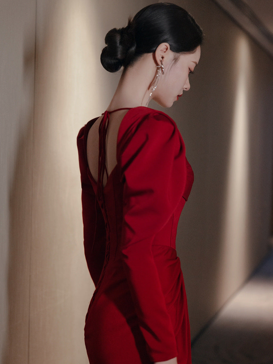 Wine Red Satin Evening Dress  with Long Sleeve