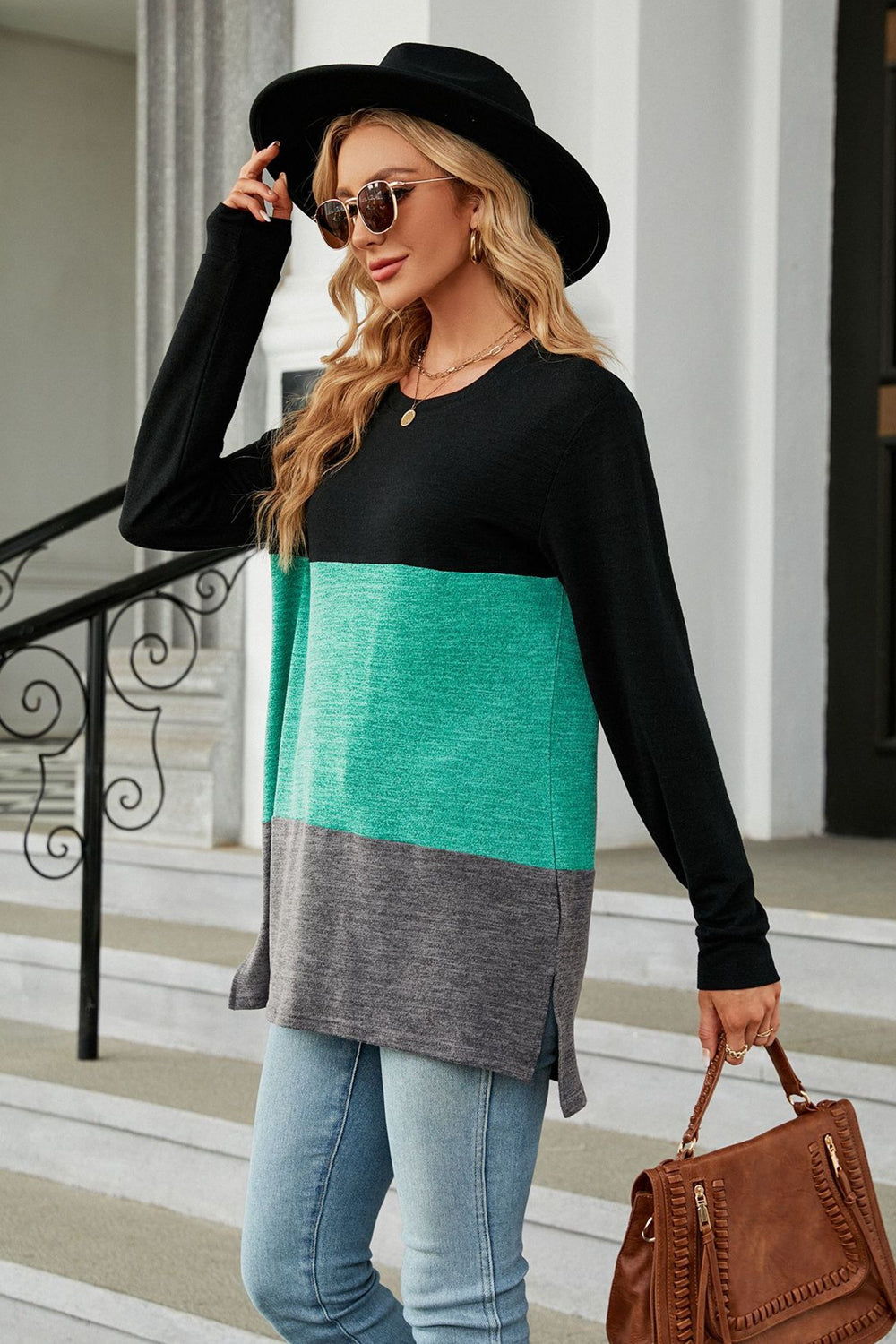 Vibrant Urban  Color Block Round Neck Long Sleeve Top