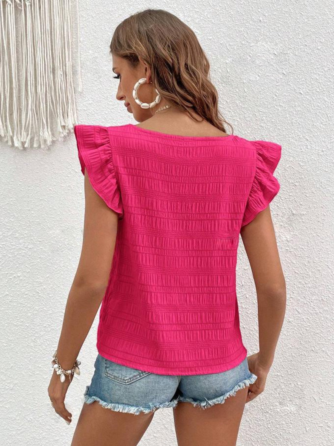 Ruffled Blouse with Square Neck & Cap Sleeve
