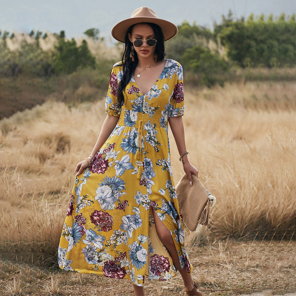 Floral V Neck Elastic Waist Summer Dress