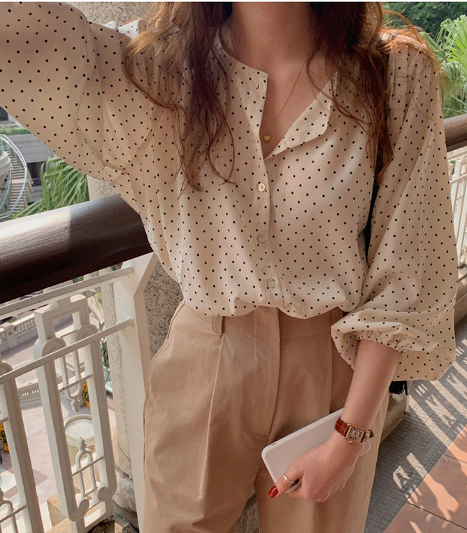 Retro Glamour Dot Pattern Puff Sleeves Shirt