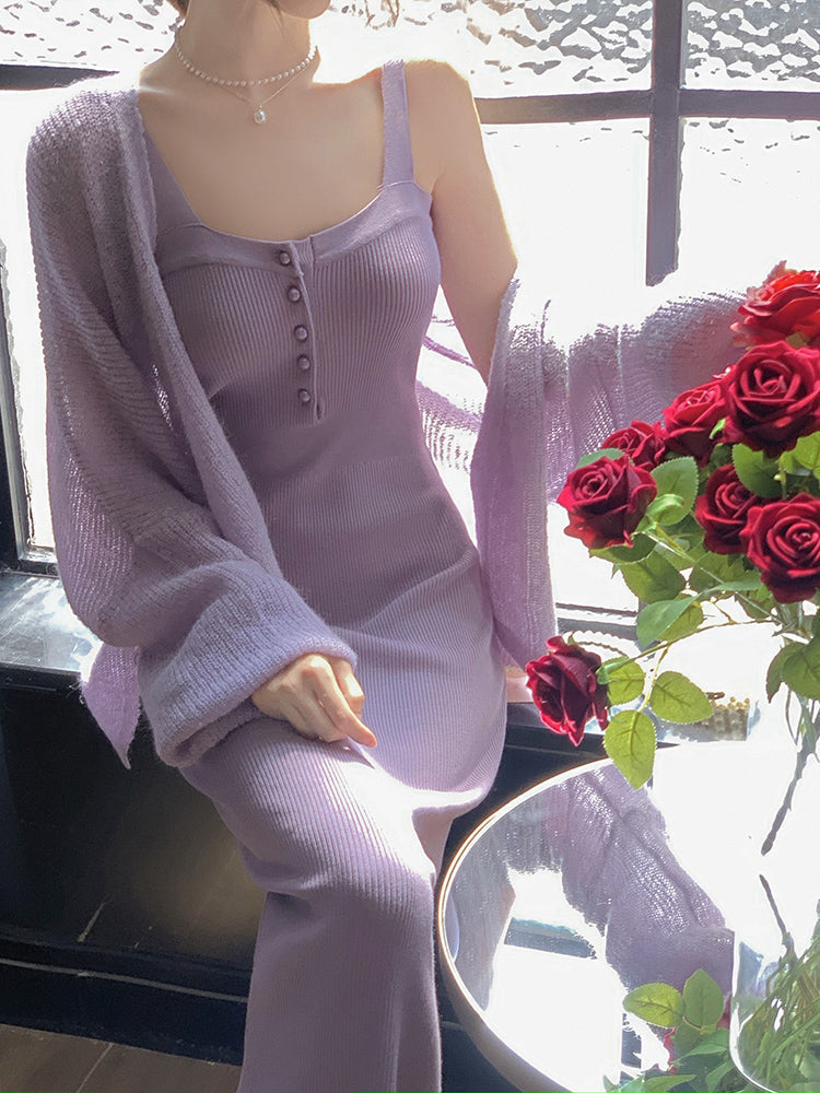 Purple Haze Hip Wrapped Violet Knitted Two-piece Suit