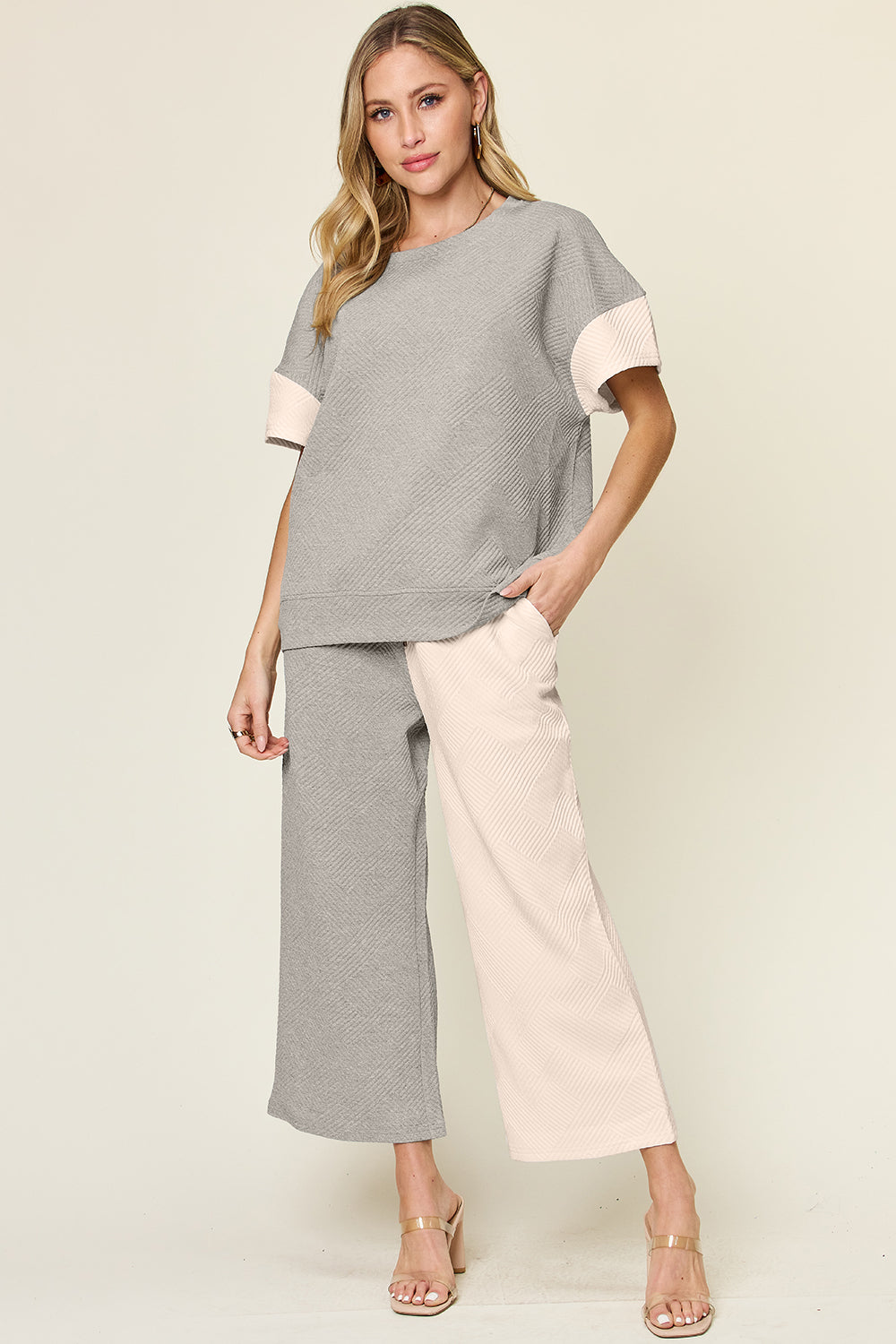 Trendy Texture Contrast T-Shirt and Wide Leg Pants Set