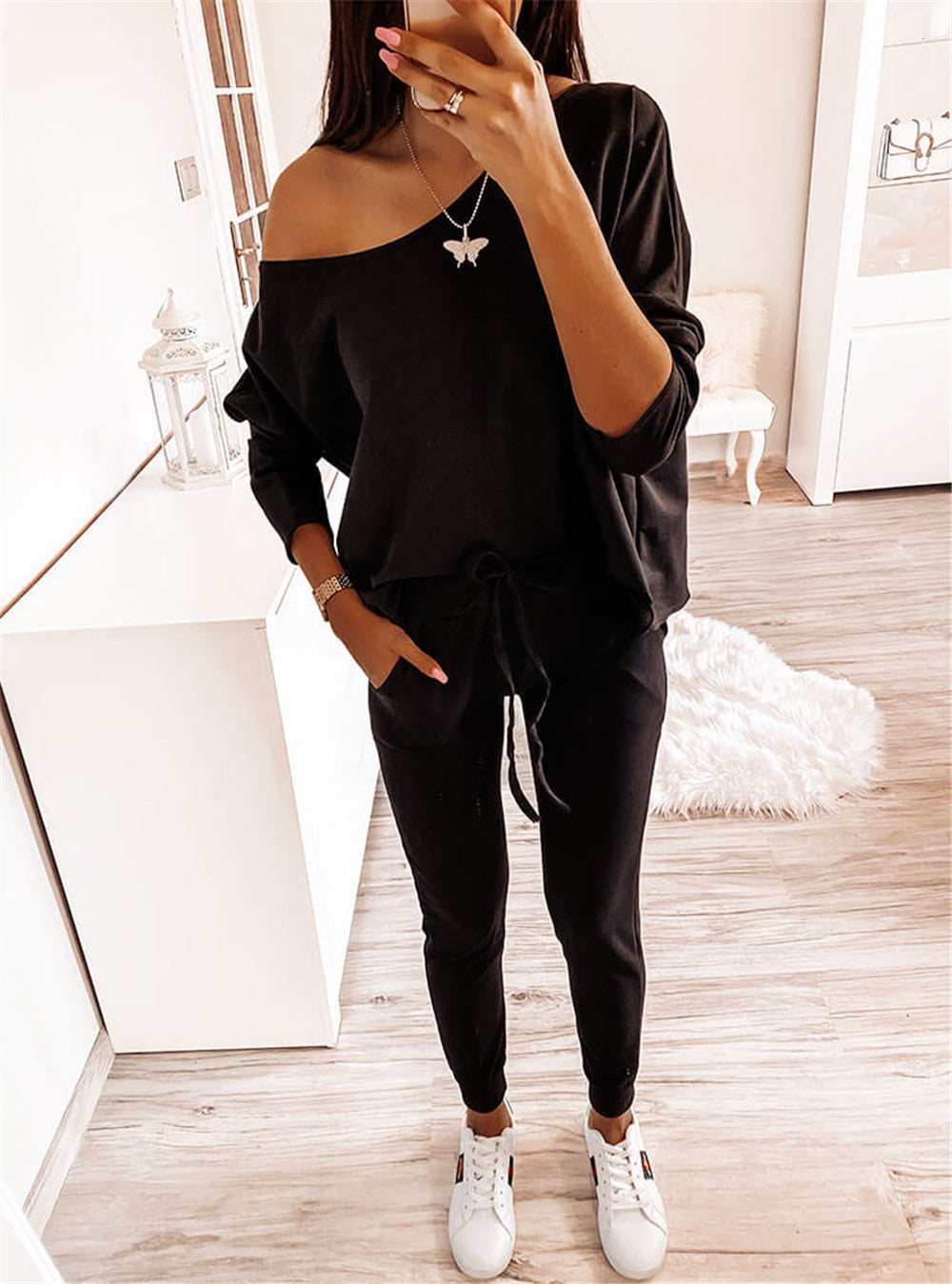 Cool Casual Black Long Sleeve Off Shoulder 2-piece Set