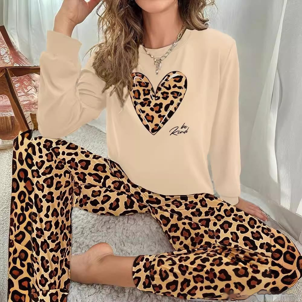 Urban Style Two-piece Heart Suit with Printed Round Neck Long Sleeve Top & Pants