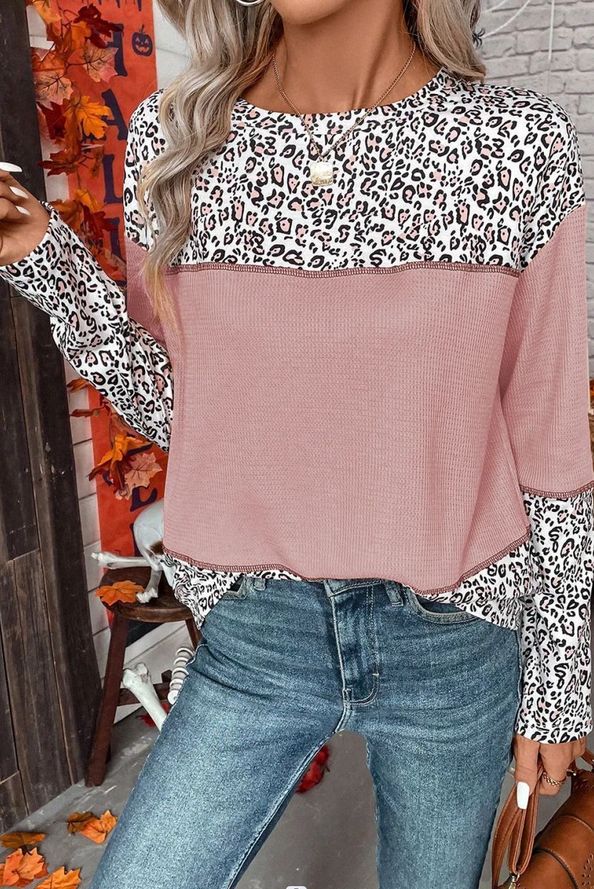 Leopard Print Round Neck Waffle Top Sweater with Long Sleeves