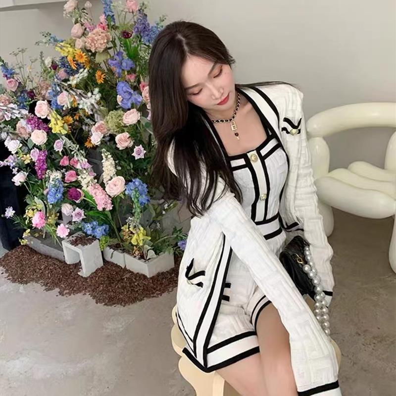 Korean Style Top Pants Cardigan Knitted Three-piece Set