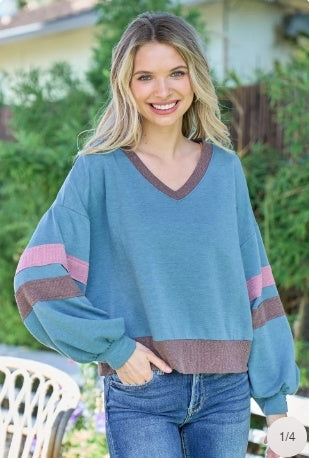Blue Color Block V-Neck Cropped Sweatshirt