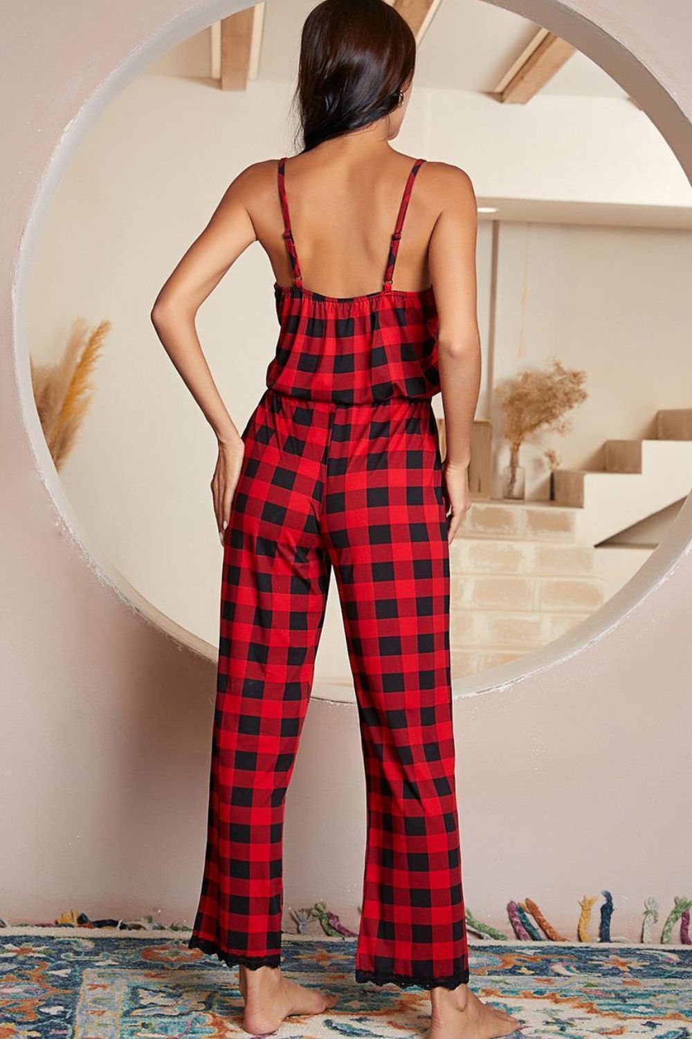 Christmas Plaid Lace Trim Spaghetti Strap Jumpsuit