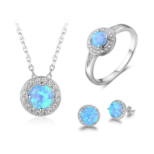 Blue Crystal Opal Sterling Silver Jewelry Set - Earrings, Necklace, Ring.