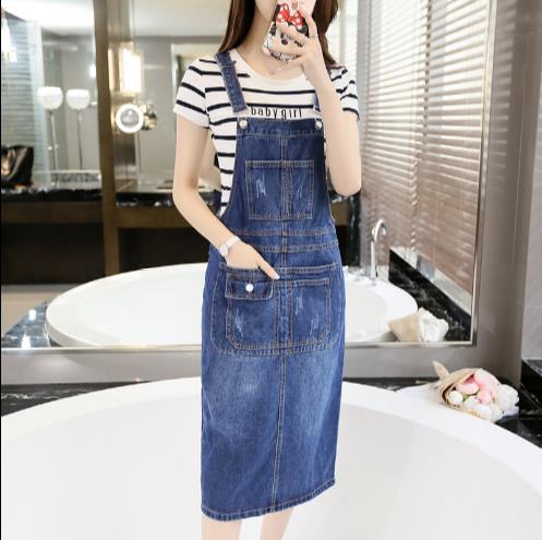 Trendy Medium Length Denim Skirt with Suspender