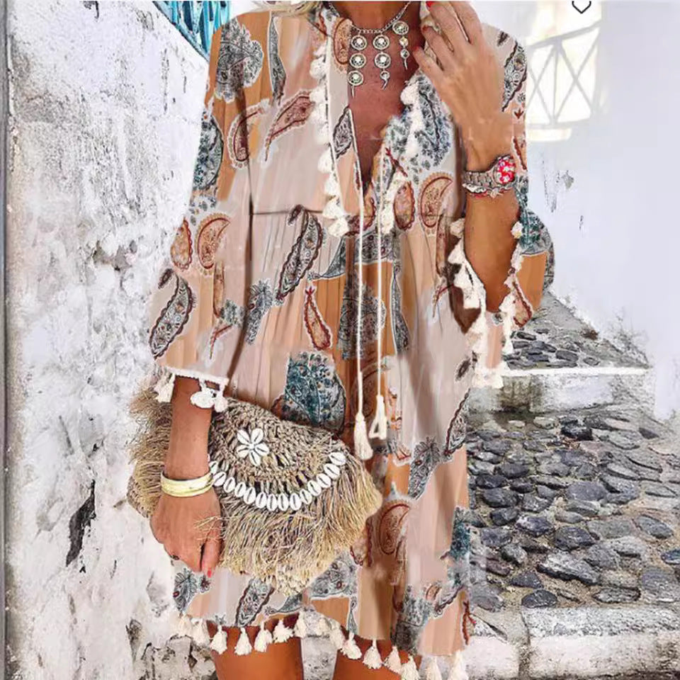 Sweet Hippie Style Tassel Ruffled V-Neck Dress