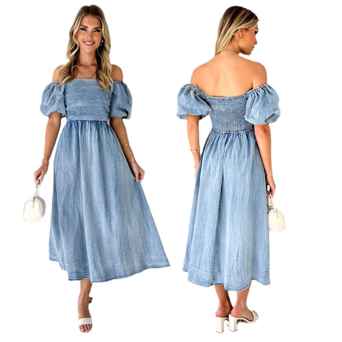 Denim Waist-tight Long Dress with Puff Sleeve