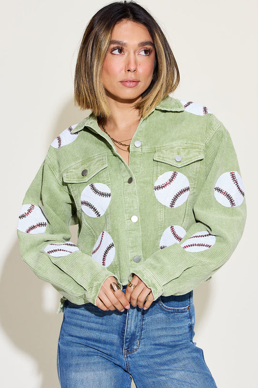 Home Run! Baseball Sequin Dropped Shoulder Raw Hem Jacket
