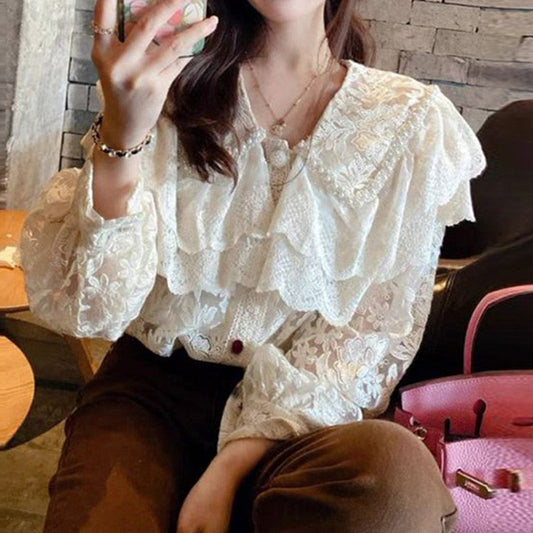 Chic Design Sense Niche V-Neck Lace Blouse  Layered  Ruffles Hem