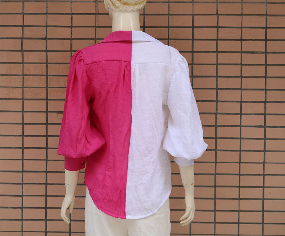 Bold Contrast Polyester Puff Sleeves Loose Shirt