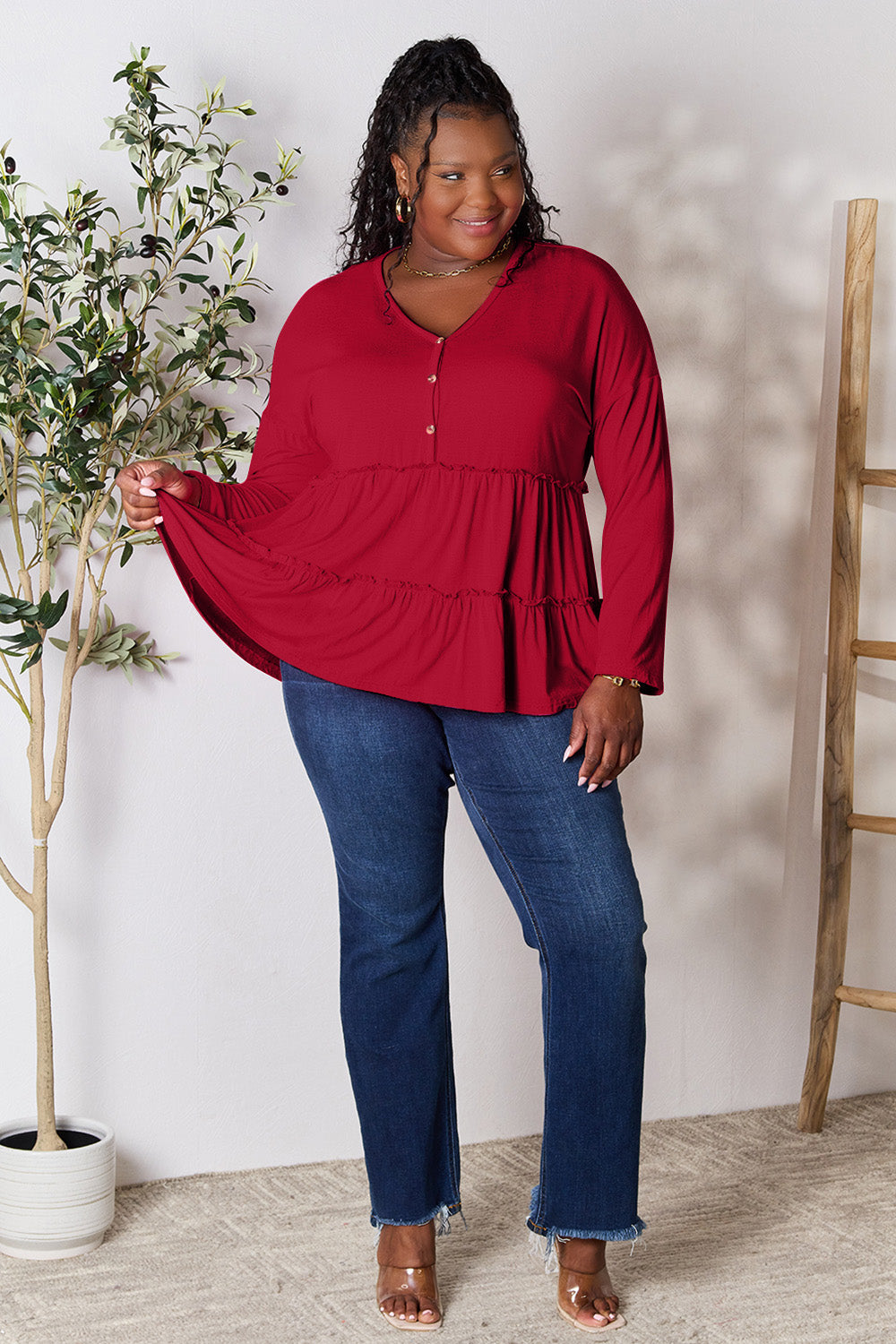 Comfy Ruffle Hem  Double Take Half Button Blouse & Long Sleeve