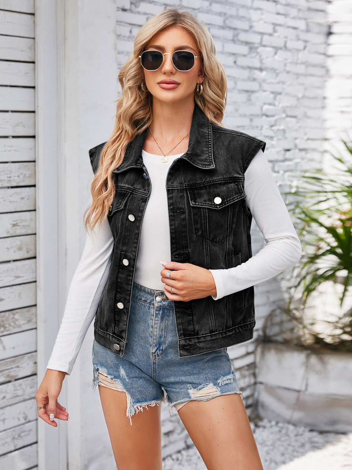 Button Up Cap Sleeve Denim Jacket with Shorts