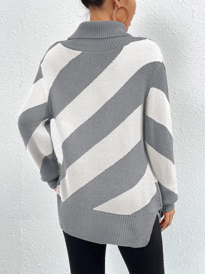 Vogue Striped Turtleneck Dropped Shoulder Sweater