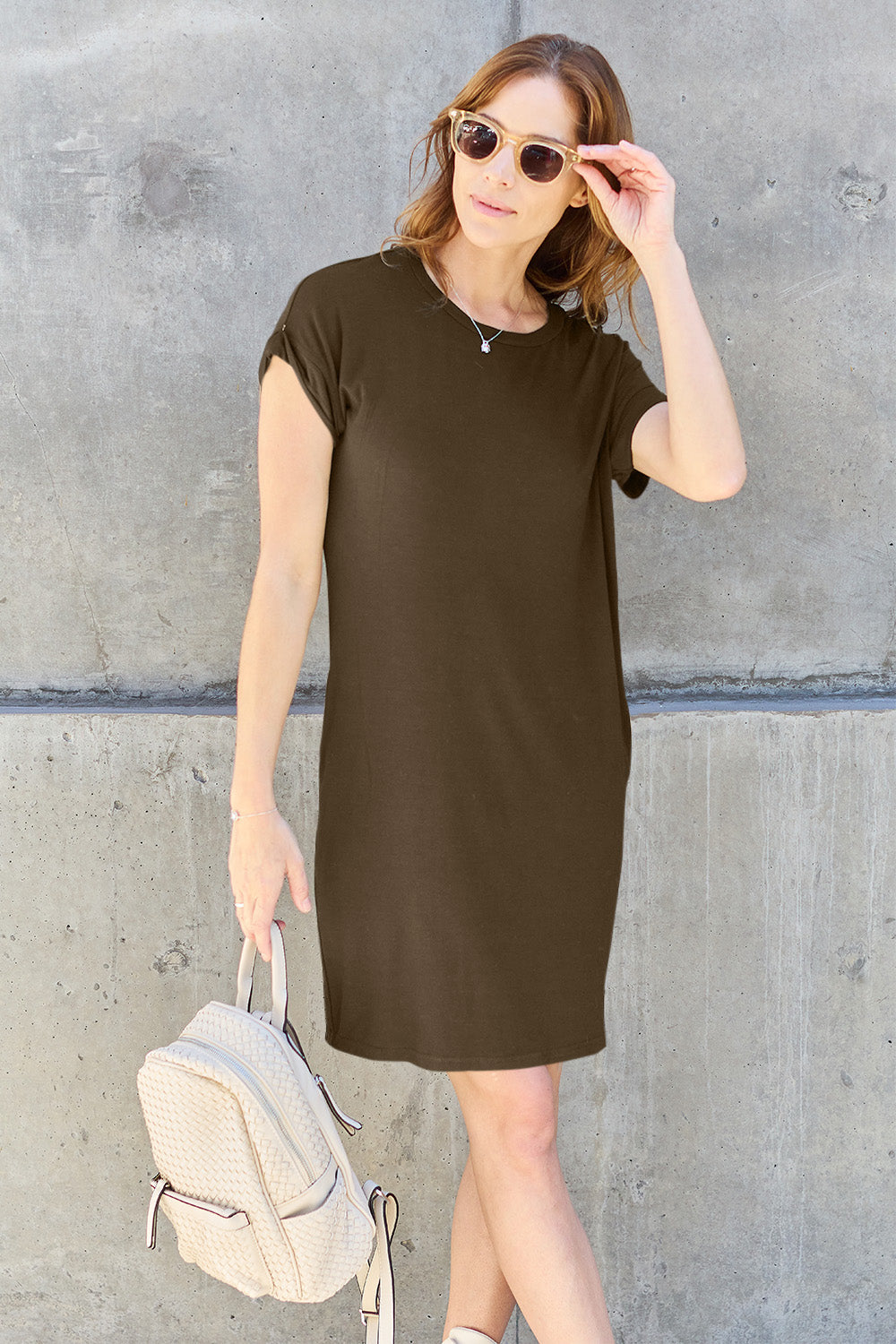 Comfy Round Neck Short Sleeve Dress with Pockets