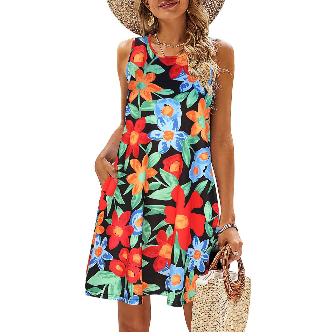 Printed Vest Pocket Dress Women
