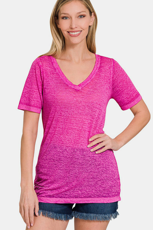 Hot Pink V-Neck  T-Shirt with Short Sleeve