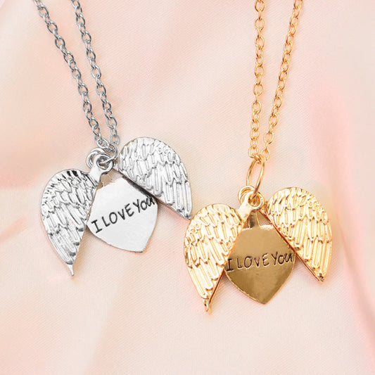 Open Your Heart Angel Wings Love Necklace in Silver or Gold.