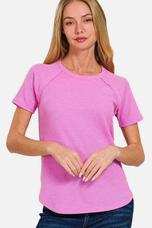 Pink Round  Neck Waffle T-Shirt with Neck Short