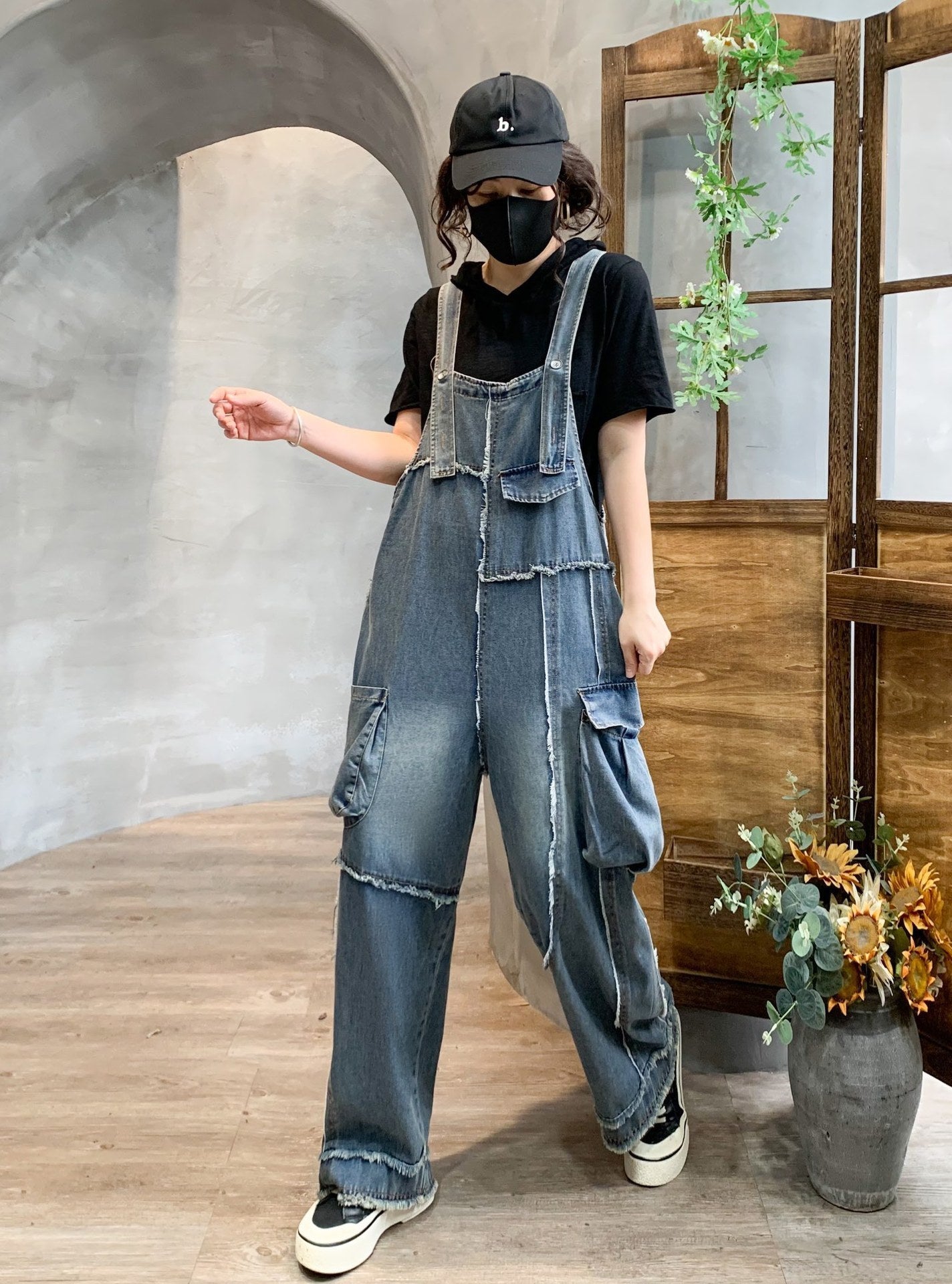 Retro Pocket Raw Edge Denim Suspender Pants