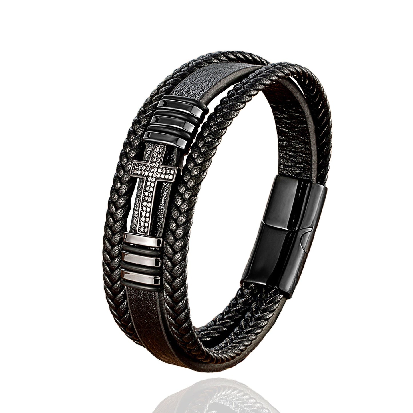 Metal Cross Multi-layer Braided Leather Bracelet with Secure Metal Clasp.
