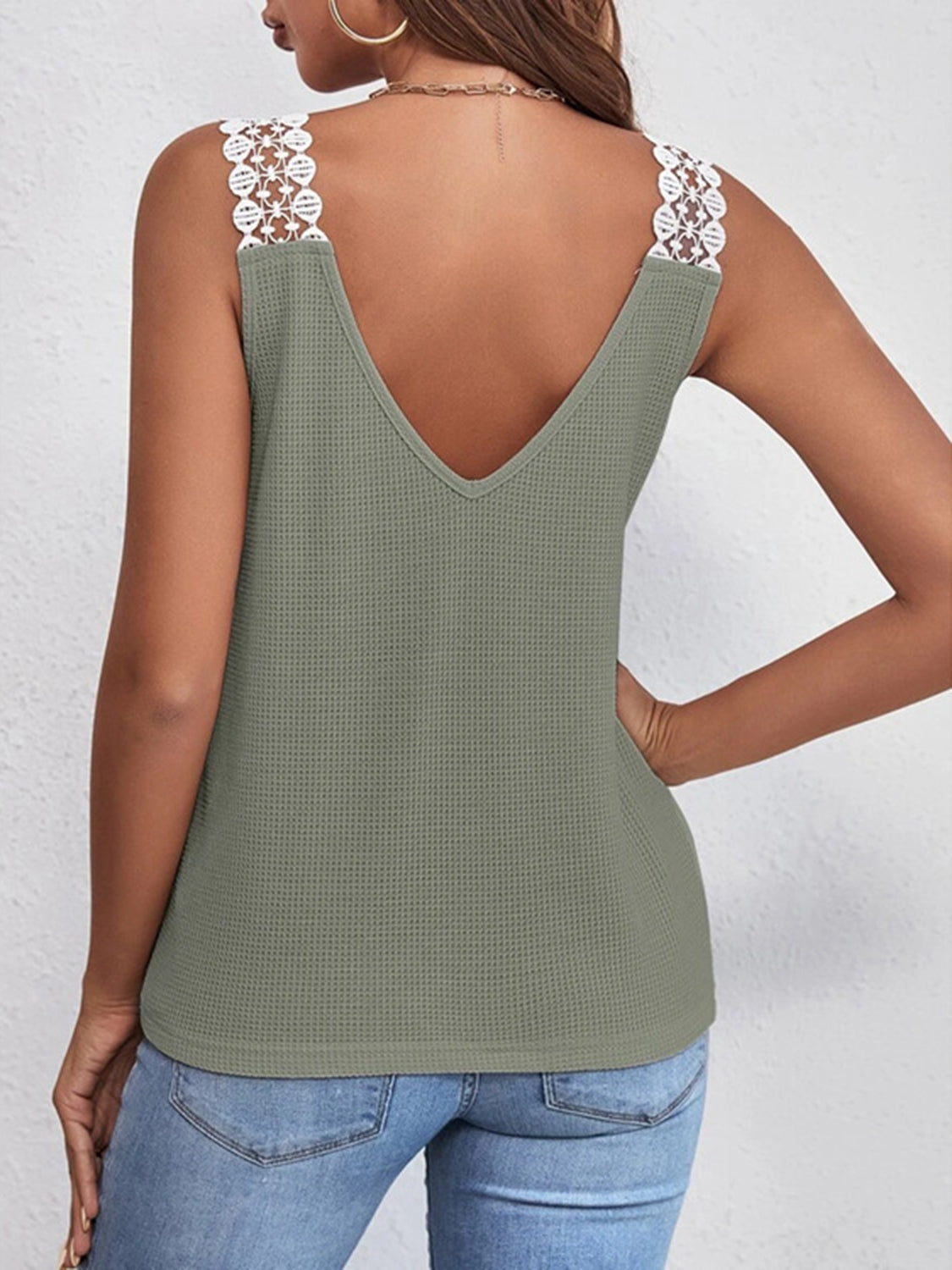 Lace Accent Waffle-Knit V-Neck Tank Top