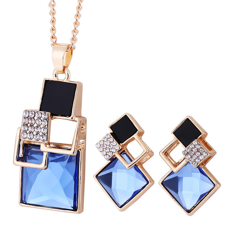 Diamond Square Two-Tone Crystal Two-piece Set  - Earring & Necklace