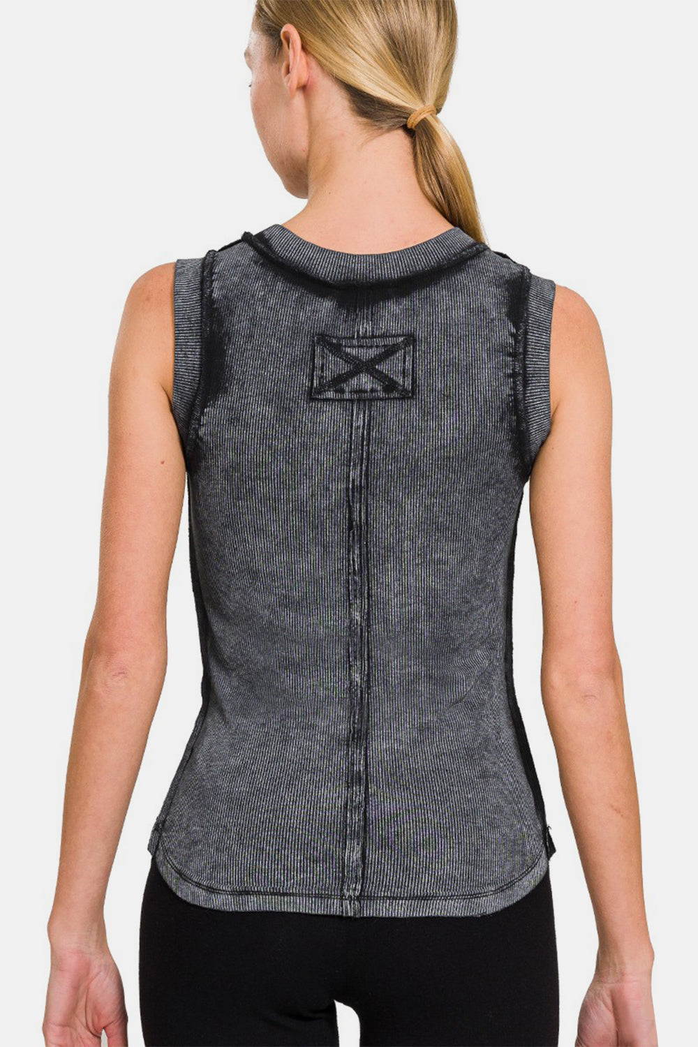Charcoal Washed Ribbed Slim Tank with Round Neck