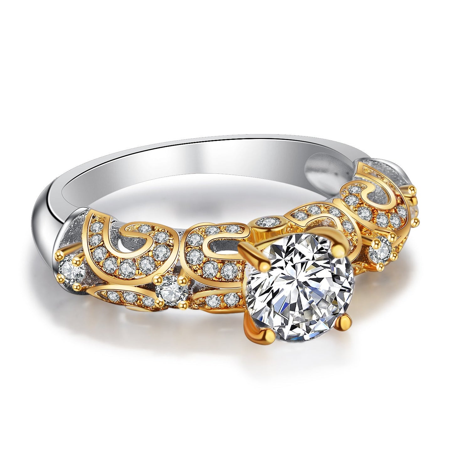 Ornate Silver/Gold Ornate CZ Diamond Ring Surrounded by Sparkling Gems.