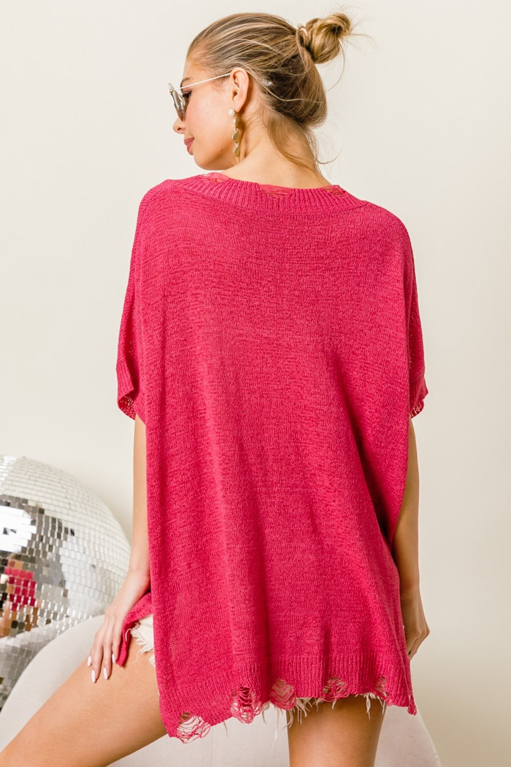 Fuchsia V-Neck Slit Sweater w/ Distressed Hem