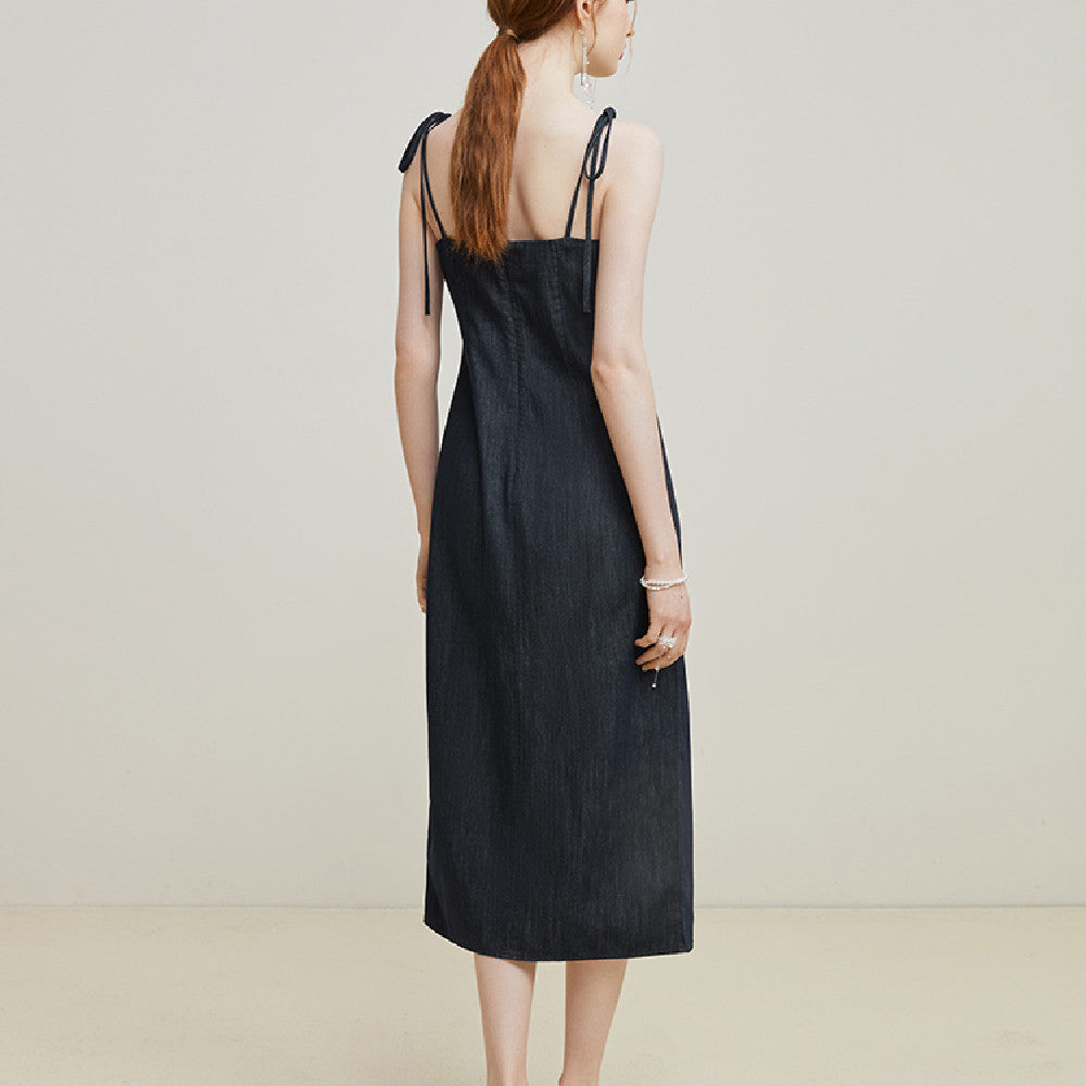 Simply Elegant  Style Denim Strap Dress With Slit Hem