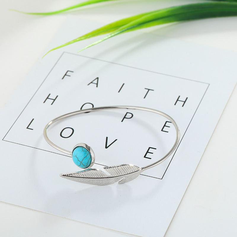 Retro Natural Stone & Feather Silver or Gold Adjustable Bracelet.