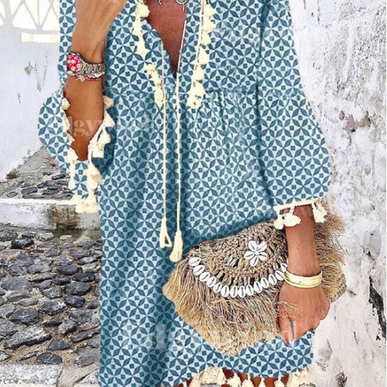 Sweet Hippie Style Tassel Ruffled V-Neck Dress