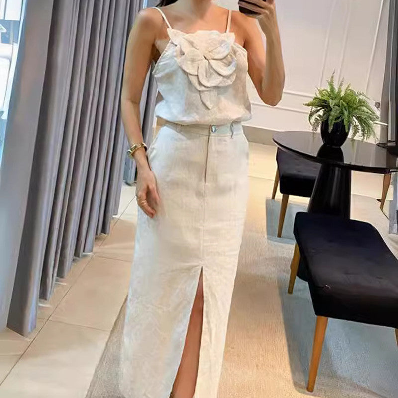 Apricot Vanilla   Linen 2 Pieces Outfits  w/ Top  Three-Dimensional Flower Design & Sling Top Pockets Skirt