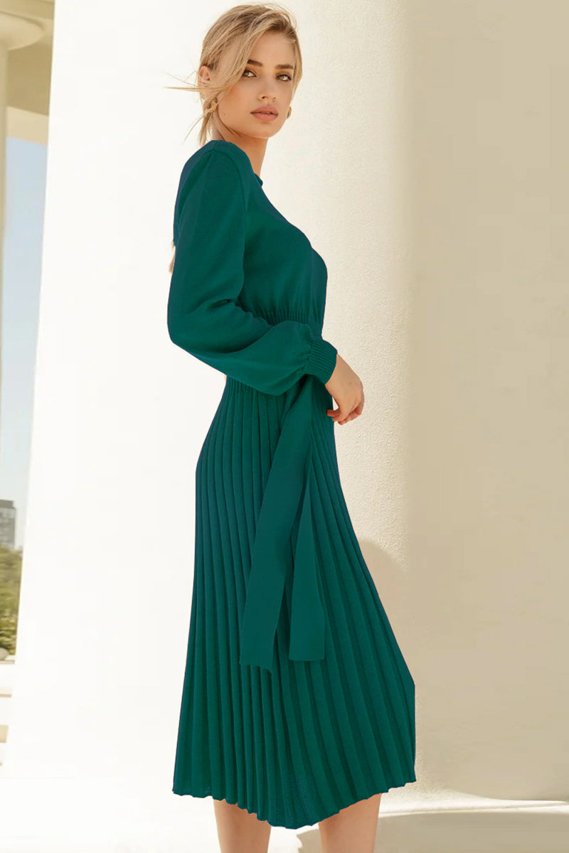 Round Neck Long Sleeve Pleated Midi Sweater Dress